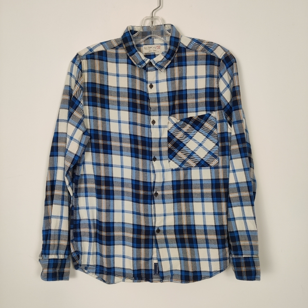 Zara Boy's Button Down Plaid Shirt in Blue Size 13 14 Years Old Blue White Fall